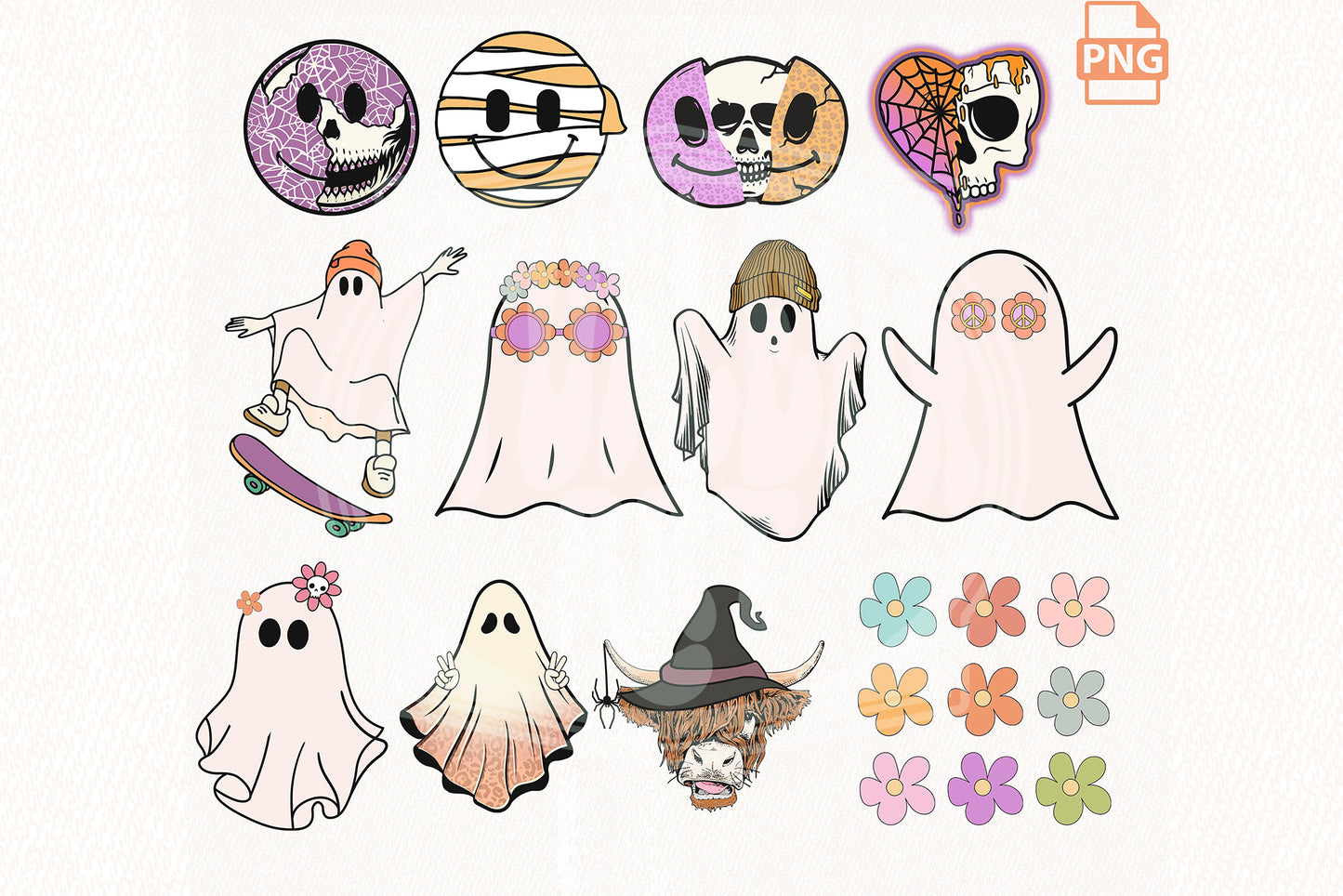 Retro Groovy Halloween Clipart - Vintage Halloween Retro Pumpkin Ghost Daisy PNG Bundle
