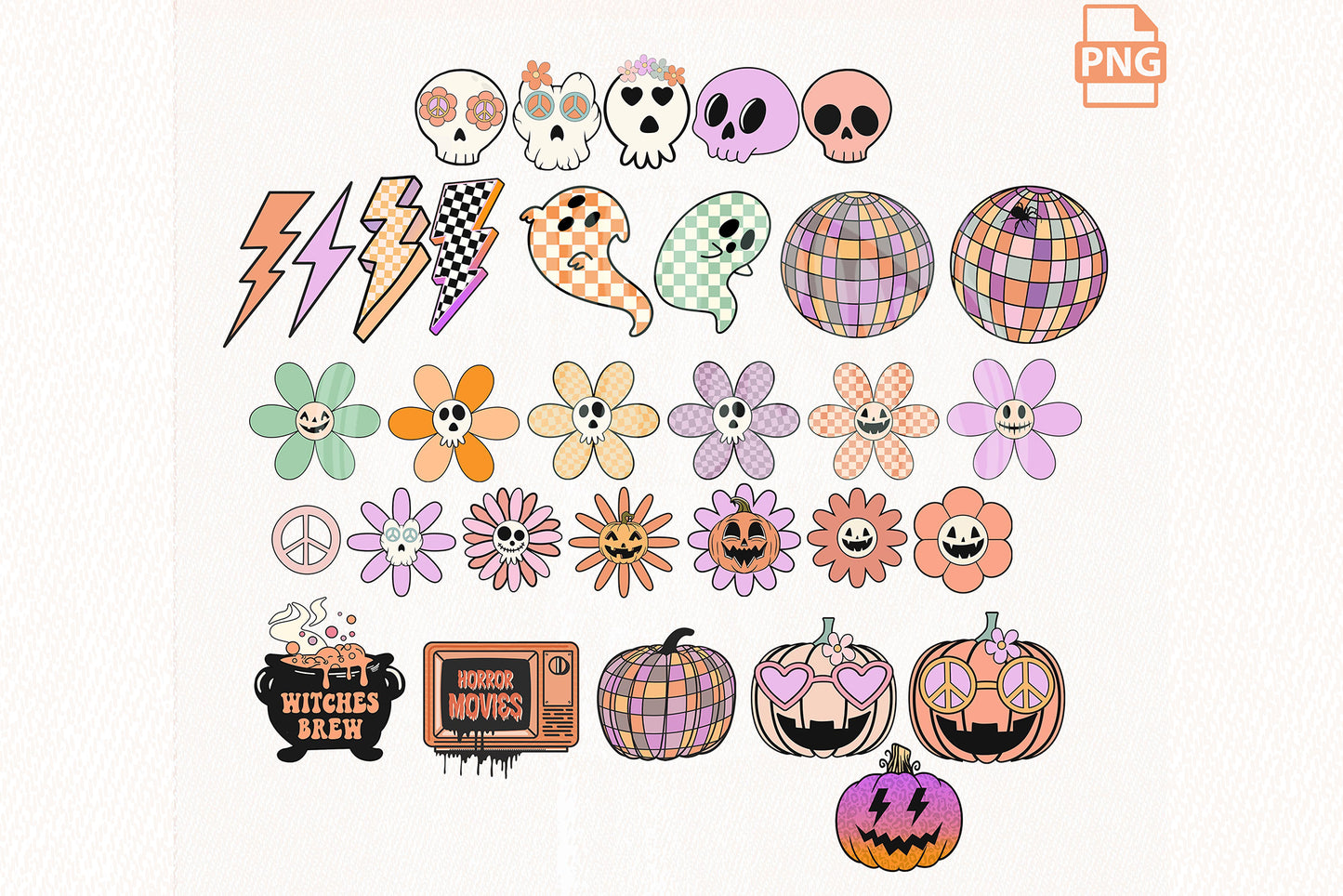 Retro Groovy Halloween Clipart - Vintage Halloween Retro Pumpkin Ghost Daisy PNG Bundle