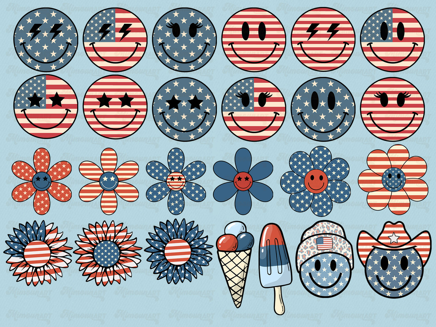 Retro Groovy 4th of July Clipart - Vintage Independence day elements Clip Art PNG Bundle