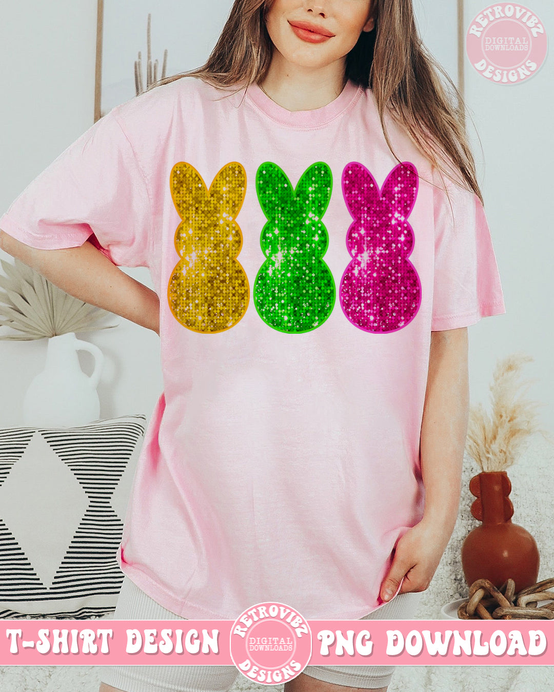 Faux Embroidered Bunnies Easter PNG Sublimation Design By RetrovibZ