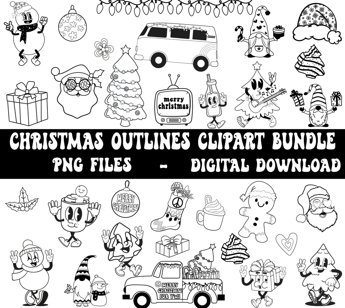 Christmas line art drawings png bundle